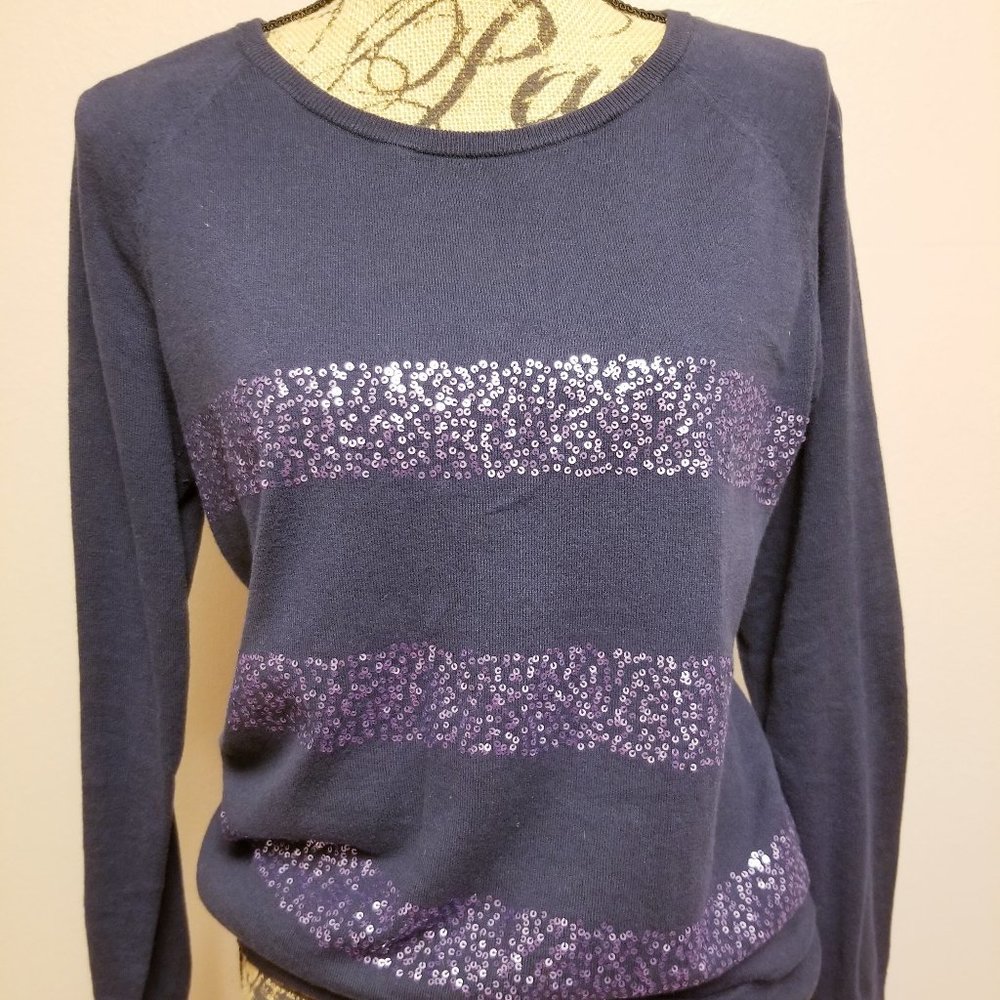 Cozy layerable navy sweater with rose sequin nautical stripes